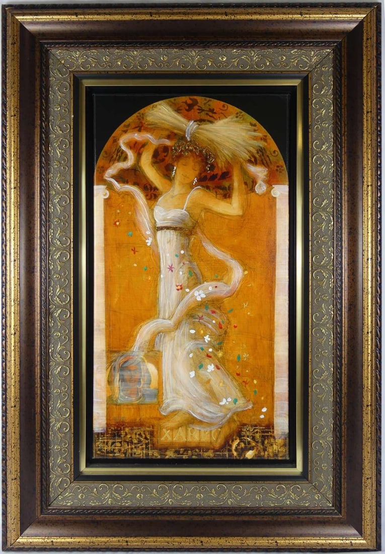 PETER NIXON HAND EMBELLISHED GICLEE ON CANVAS: Peter Nixon embellished giclee on canvas depicting Xarpo, the goddess of autumn and the harvest. Signed lower right. Numbered 81/350 lower left. Canvas measures 26 3/4" x 13 3/4". Frame measures 40"