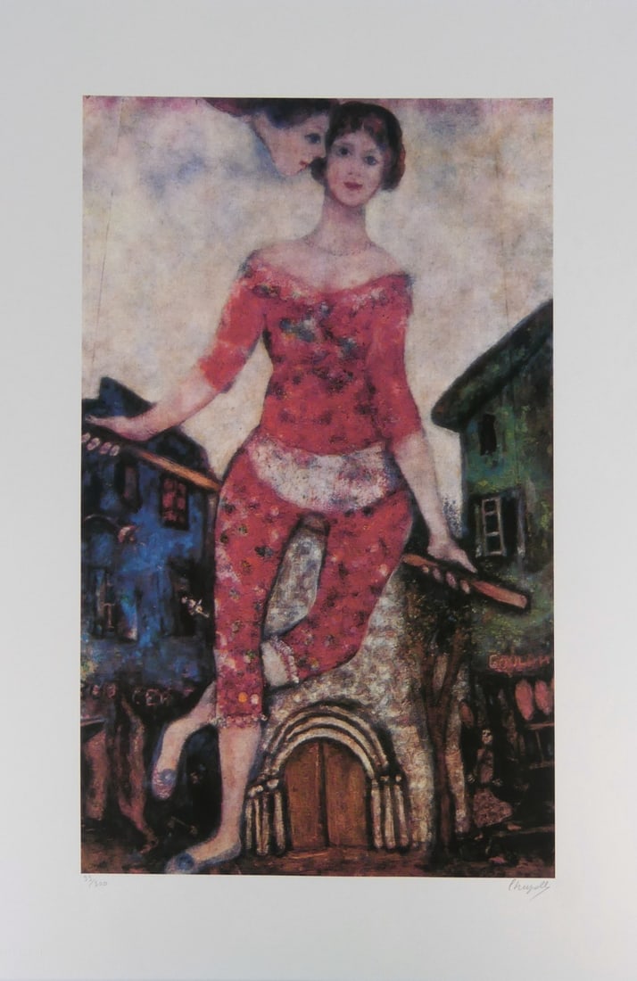 MARC CHAGALL 'THE ACROBAT' LITHOGRAPH: After Marc Chagall 'The Acrobat' lithograph. Pencil signed lower right. Numbered in pencil 33/300 and holds blindstamp lower left. Sheet measure 27 5/8" x 19 5/8".