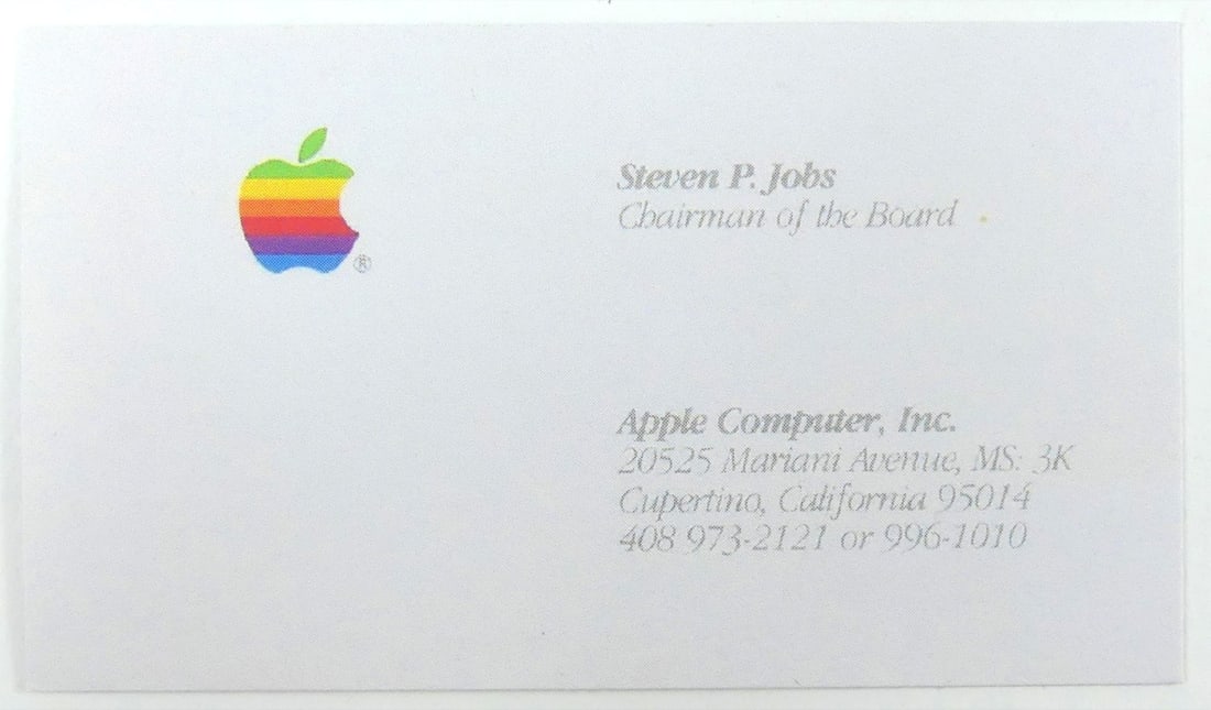 STEVE JOBS APPLE COMPUTER BUSINESS CARD: Business card for Steven P. Jobs, Chairman of the Board, Apple Computer, Inc. Print date unknown. Measures 3 1/2" x 2".