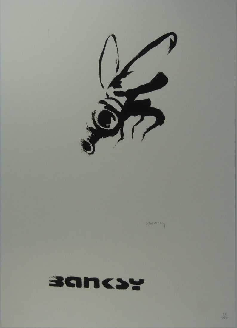 BANKSY 'GAS MASK FLY' LITHOGRAPH: Banksy 'Gas Mask Fly' lithograph. Signed and numbered in pencil 51/150 lower right. Holds blindstamps to lower edge. Sheet measures 27 5/8" x 19 5/8".