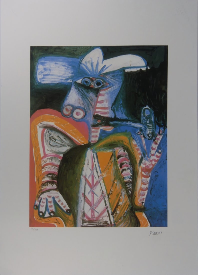 PABLO PICASSO 'PERSONNAGE A LA PIPE' LITHOGRAPH: Pablo Picasso 'Personnage a la Pipe' lithograph. Stamped signature lower right. Numbered in pencil 52/200 and holds blindstamp lower left. Marked Copyright Foundation Pablo Picasso to verso. Sheet mea