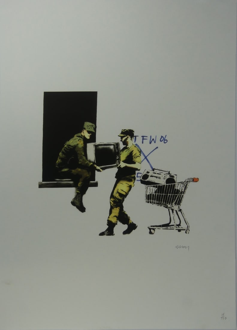 BANKSY 'LOOTERS' LITHOGRAPH: Banksy 'Looters' lithograph. Signed and numbered in pencil 16/150 lower right. Holds blindstamps to lower edge. Sheet measures 27 5/8" x 19 5/8".