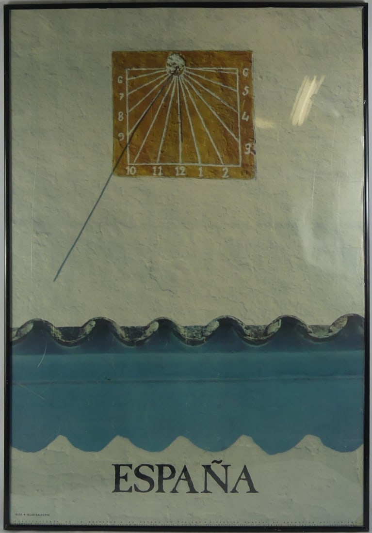 IBIZA SPAIN SUNDIAL TRAVEL POSTER: Espana Spanish travel poster with sundial. Marked to lower edge. Frame measures 36 1/2" x 24 1/2".