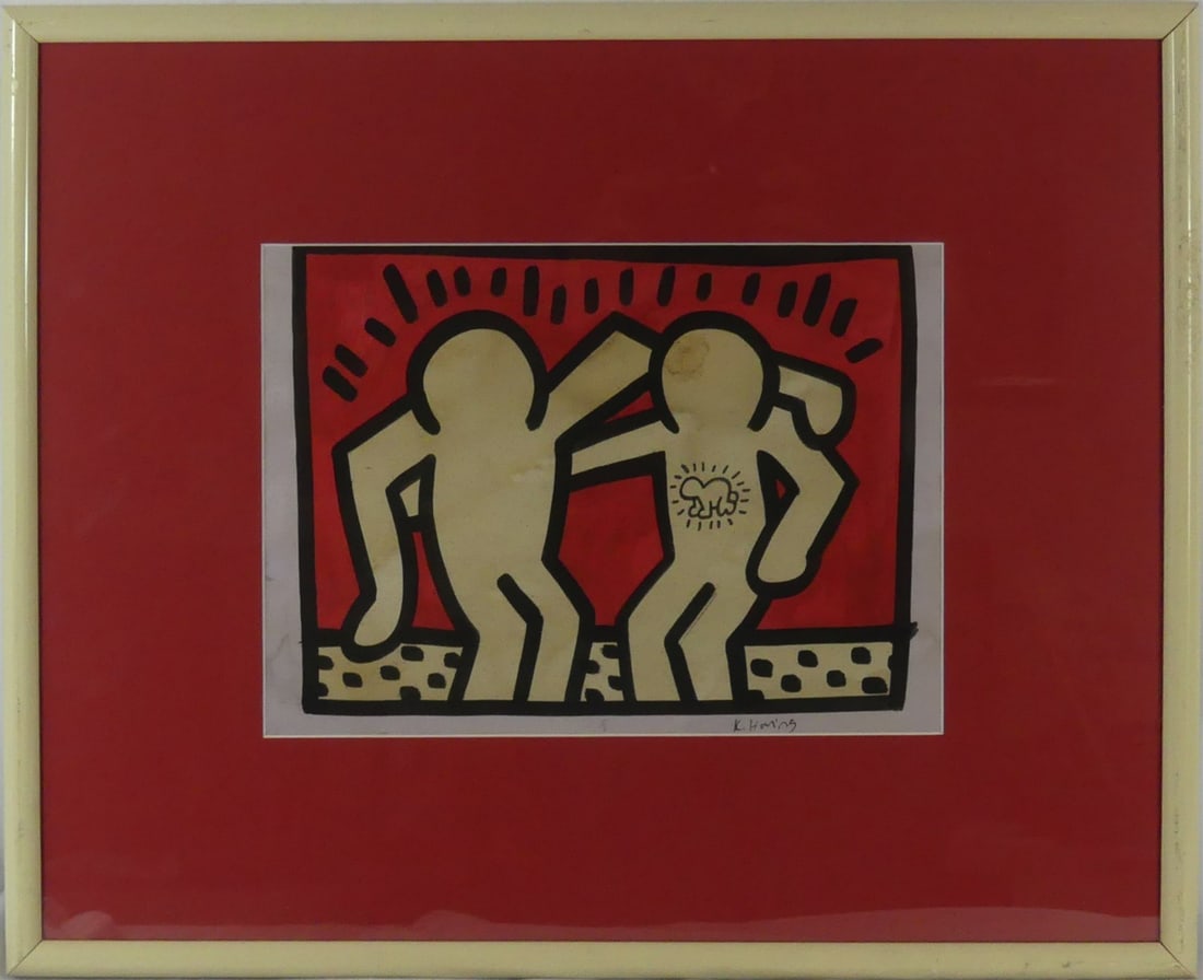 KEITH HARING MIXED MEDIA ON PAPER: Manner of Keith Haring mixed media on paper depicting two figures embracing. Signed lower right. Stamped to verso. Viewable measures 11 3/4" x 8 5/8". Frame measures 21" x 17" x 1".