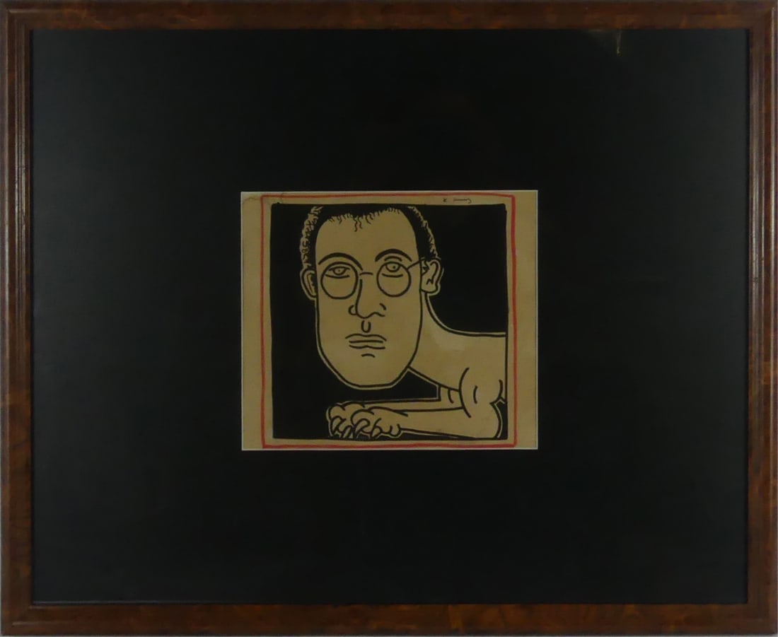 KEITH HARING 'SELF PORTRAIT AS SPHINX' MIXED MEDIA: Keith Haring 'Self Portrait as Sphinx' mixed media paper. Signed upper right. Viewable measures 10" x 8 3/4". Frame measures 26 1/2" x 21 1/2" x 1".