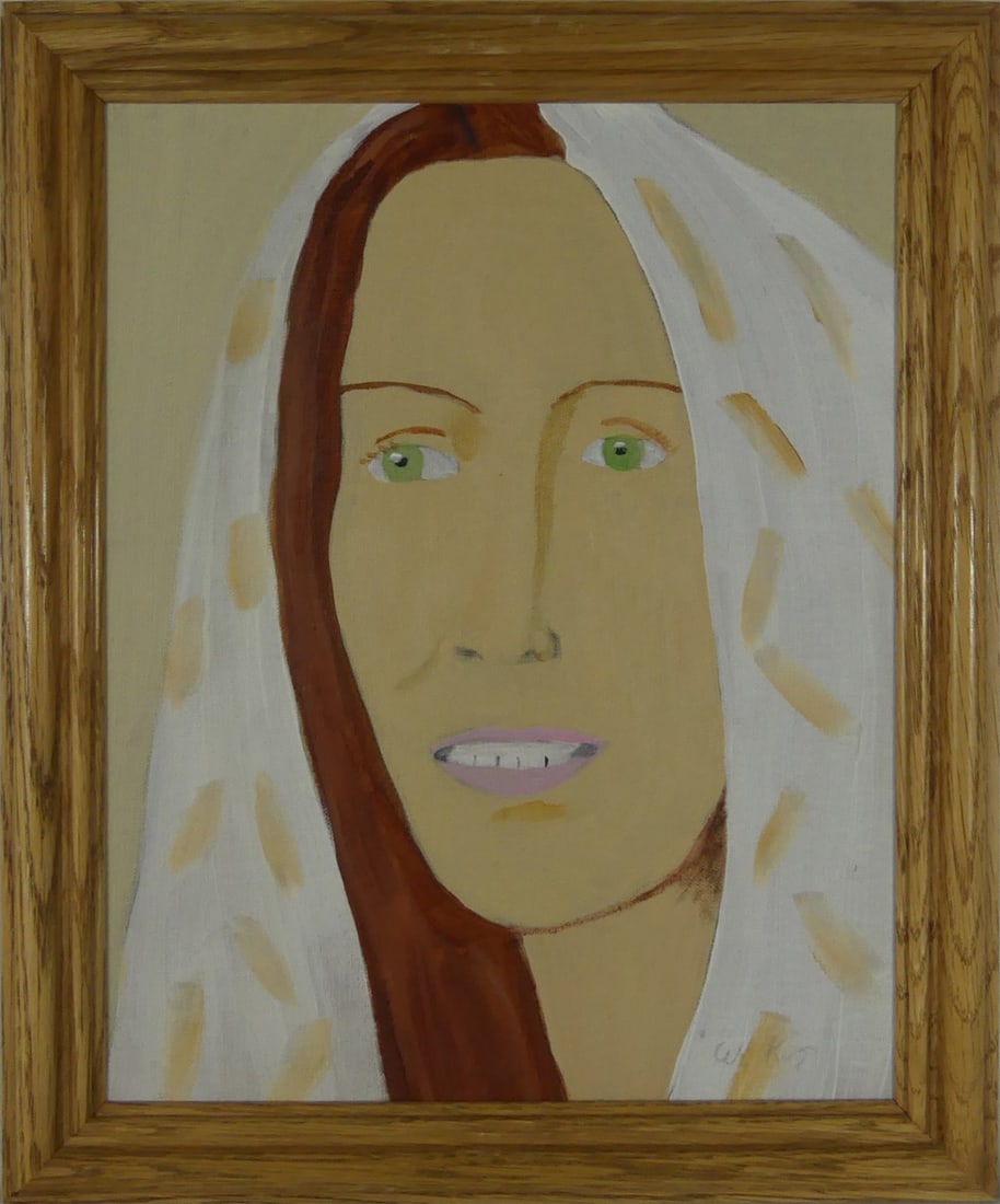 ALEX KATZ (MANNER) 'WOMAN w HEADSCARF' PAINTING: Manner of Alex Katz oil painting on canvas board depicting a portrait of a woman with headscarf. Signed lower right. Holds label and remnant of envelope to verso. Viewable measures 13 1/2" x 10 1/2".