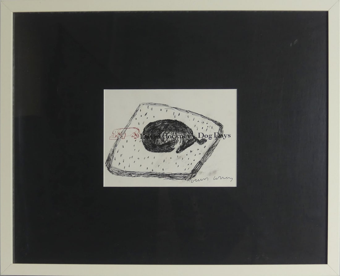 DAVID HOCKNEY 'DACHSHUND' INK DRAWING: Ink drawing on book page depicting two dogs attributed to David Hockney. Larger depicts a sleeping dog on bed. Second smaller sketch of dachshund with bowl in red ink. Signed lower right. Viewable mea