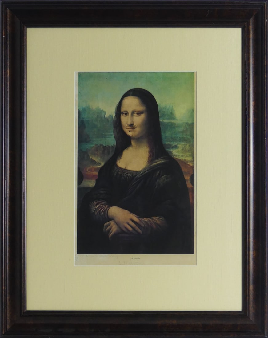 MARCEL DUCHAMP 'L.H.O.O.Q - LA JOCONDE' LITHOGRAPH: Marcel Duchamp 'L.H.O.O.Q.' or 'La Joconde' offset lithograph depicting Mona Lisa with moustache and goatee. Signed and titled in the plate to lower margin. Sheet measures 13 1/4" x 8 5/8". Frame meas
