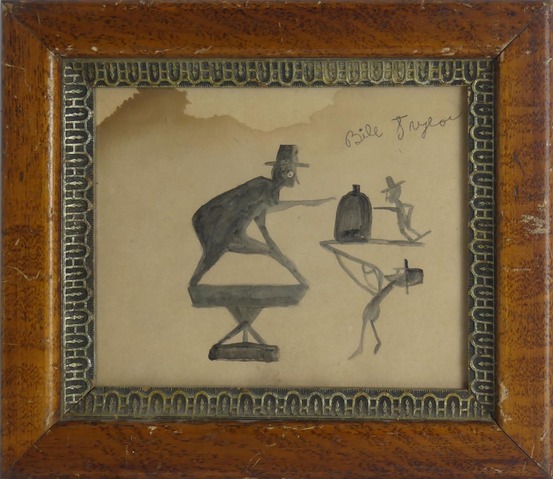 BILL TRAYLOR 'THREE FIGURES' PENCIL & GOUACHE: Pencil and gouache on paper depicting three figures attributed to Bill Traylor. Pencil signed upper right. Holds gallery label to verso. Viewable measures 9 1/4" x 7 1/2". Frame measures 14" x 12 1/4"