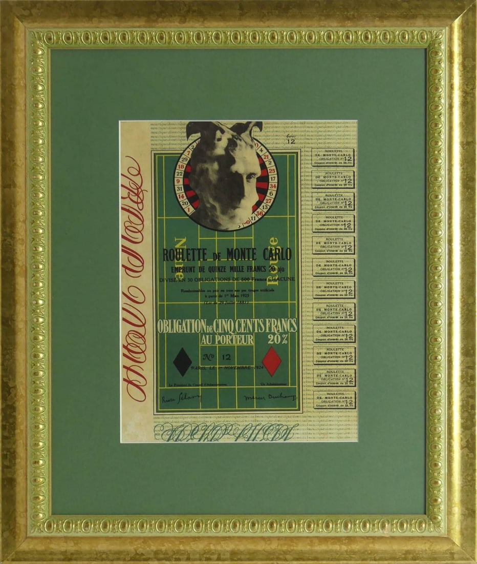 MARCEL DUCHAMP 'OBLIGATION MONTE CARLO': Marcel Duchamp 'Obligation por la Roulette de Monte-Carlo' offset lithograph. Signed in the plate lower right. Viewable measures 12" x 8 1/2". Frame measures 21 1/4" x 17 1/4".