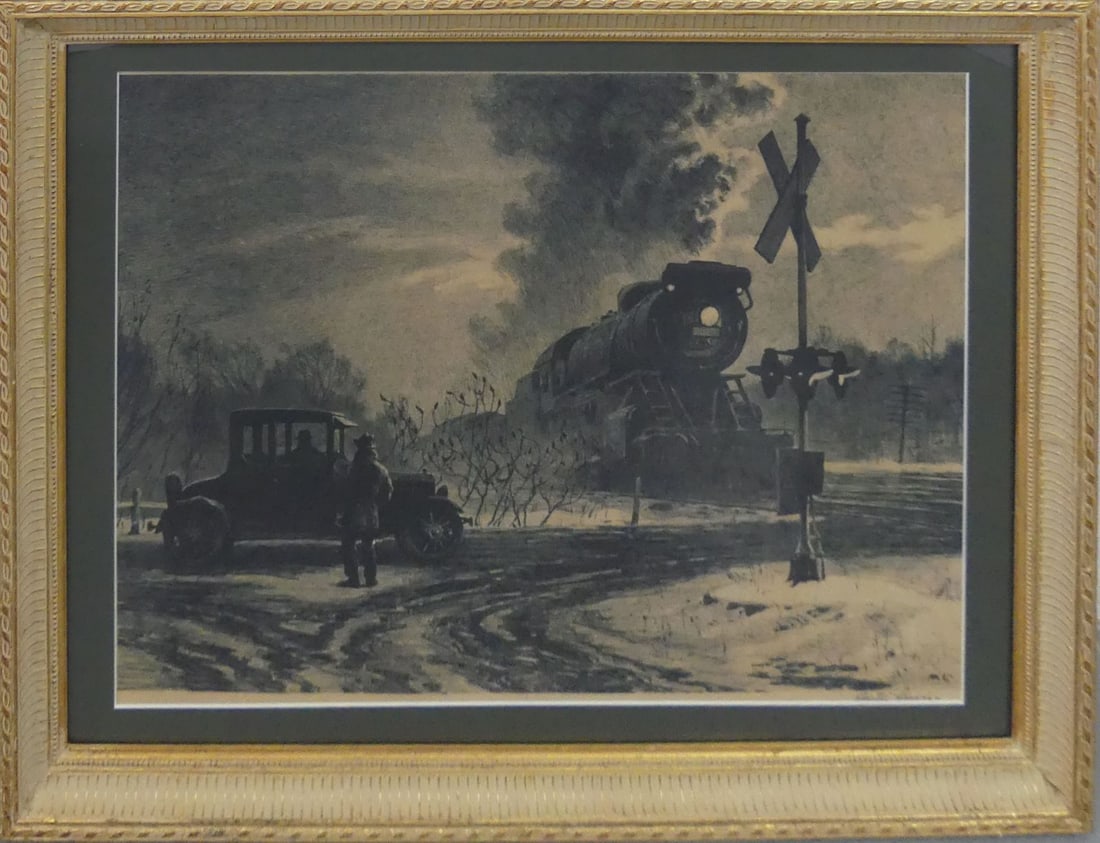 MARTIN LEWIS 'VETERANS' LITHOGRAPH: Martin Lewis 'Veterans' offset lithograph on wove paper. Signed in the plate lower right. Viewable measures 21" x 15 3/4". Frame measures 26 3/4" x 20 3/4" x 1 1/4".