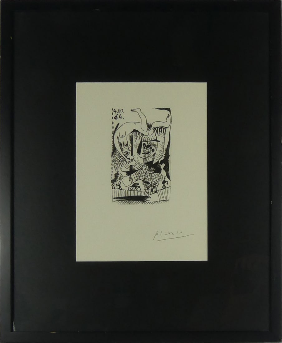 PABLO PICASSO 'MAN CARRYING THE WOMAN' LITHO: Pablo Picasso 'Man Carrying the Woman' lithograph from Le Gout du Bonheur portfolio. Pencil signed lower right. Viewable measures 12 1/8" x 8 3/4". Frame measures 23 1/2" x 19 1/4" x 1".