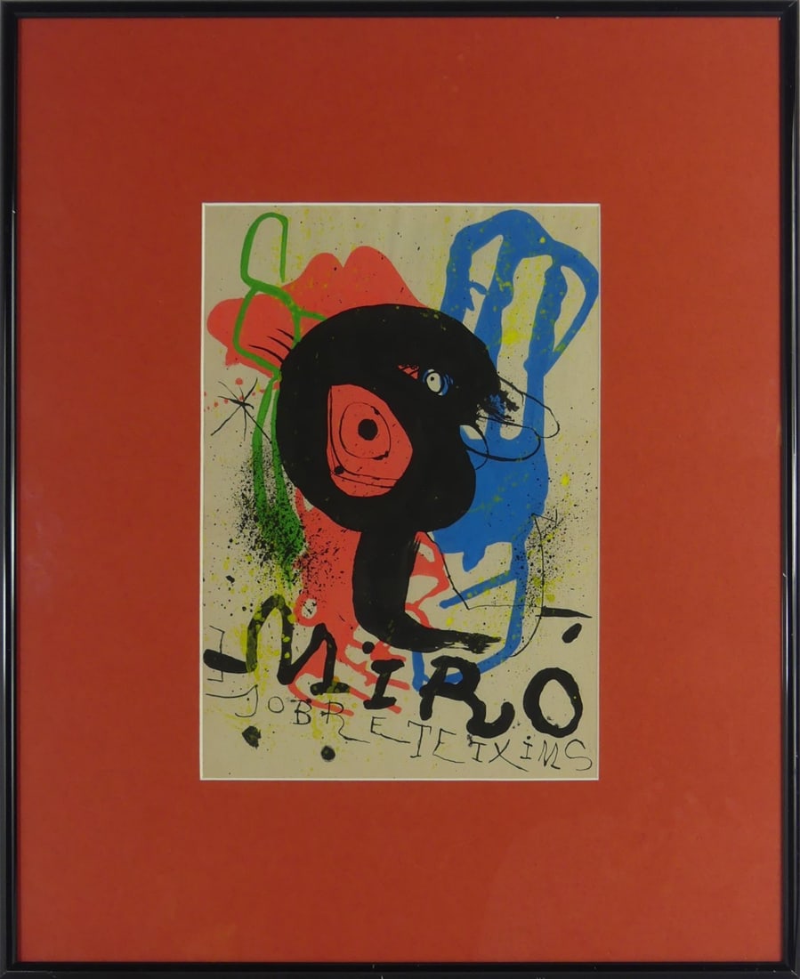 JOAN MIRO (MANNER) SOBRETEIXIMS PAINTING ON PAPER: Manner of Joan Miro mixed media painting on paper. Titled Sobreteixims. Stamped to verso. Viewable measures 11 1/4" x 7 5/8". Frame measures 19 1/4" x 15 3/4".