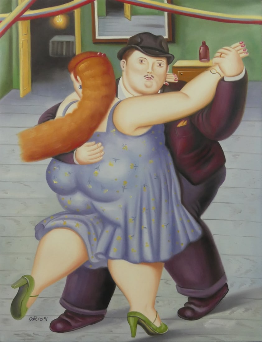 IL BALLO OIL PAINTING ON CANVAS AFTER BOTERO: Oil painting on canvas titled 'IL BALLO' after Fernando Botero. Signed lower left and dated 1991. Measures 48" x 36".