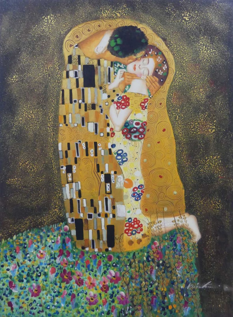 THE KISS OIL PAINTING ON CANVAS AFTER GUSTAV KLIMT: Oil painting on canvas titled 'The Kiss' after Gustav Klimnt. Signed illegibly by the artist lower right. Measures 48" x 36".
