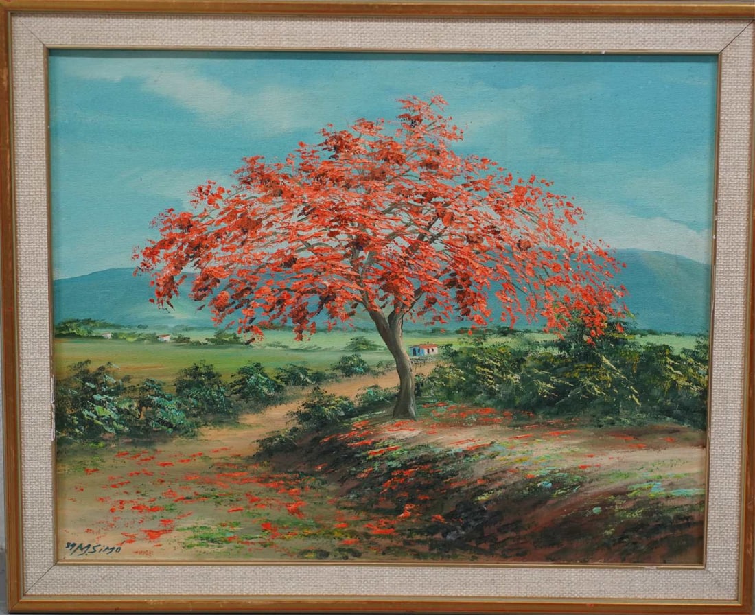 M SIMO 'ROYAL POINCIANA LANDSCAPE' OIL ON CANVAS: M. Simo oil painting on canvas depicting a landscape with Royal Poinciana tree. Signed lower left and dated 1989. Viewable measures 19 1/4" x 15 1/4". Frame measures 22 1/4" x 18 1/4".