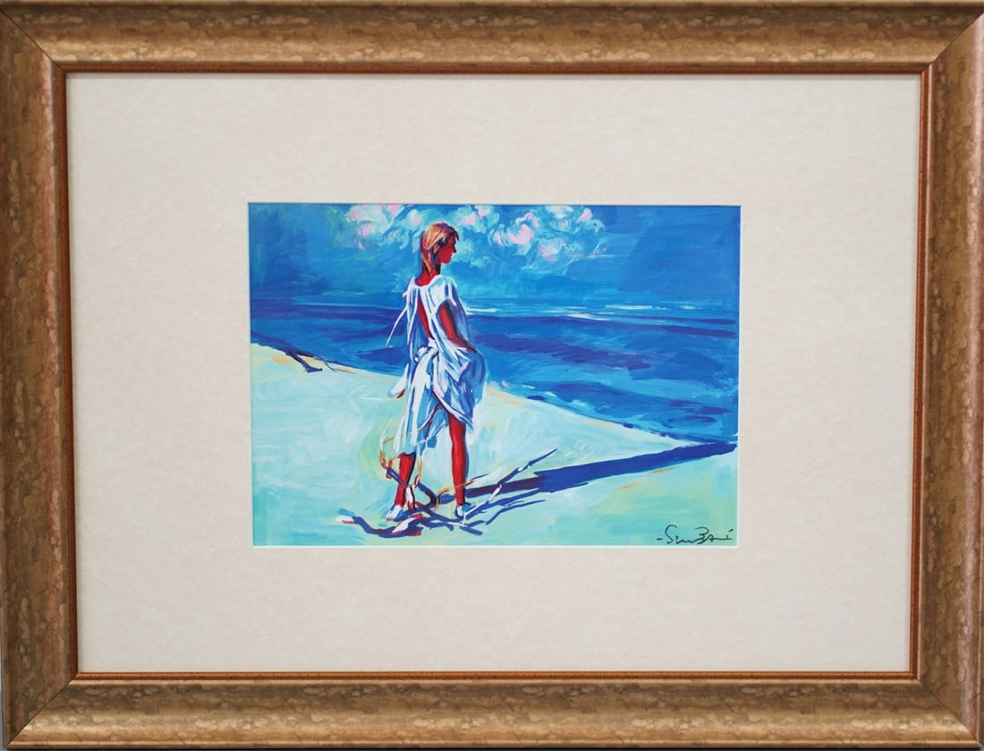 NICOLA SIMBARI STYLE 'WOMAN AT THE BEACH' PAINTING: Style of Nicola Simbari acrylic painting on paper depicting a woman standing on a beach. Signed lower right. Viewable measures 11 1/4" x 8". Frame measures 23" x 17 1/2".