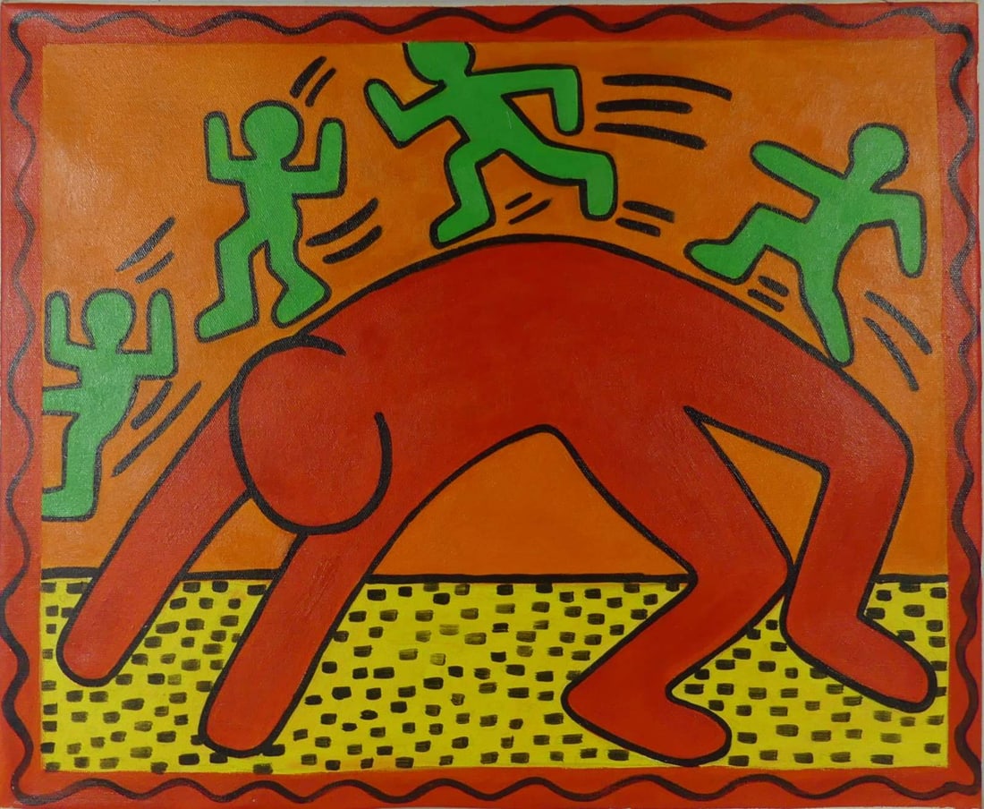 KEITH HARING (AFTER) ACRYLIC PAINTING ON CANVAS: After Keith Haring acrylic painting on canvas depicting four small green figures dancing atop a larger red figure. Signed and dated 1988 to verso. Measures 24" x 20".