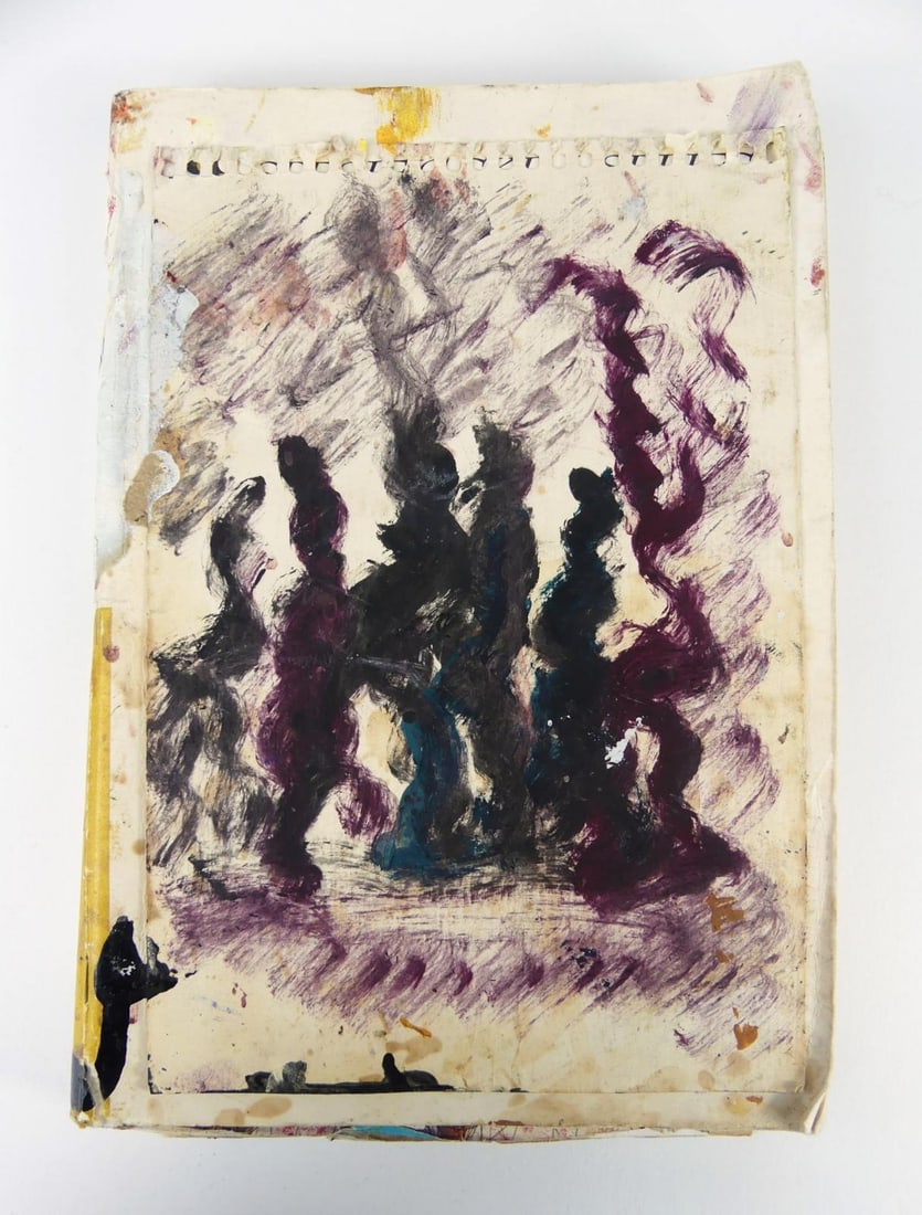 PURVIS YOUNG OUTSIDER ART BOOK: Purvis Young mixed media sketch book with paintings and drawings. Contains 30 paintings measuring 9" x 6" and 4 double page paintings measuring approx 10 3/4" x 8 1/2" plus covers. Book measures 10" x