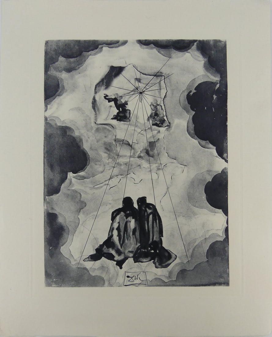 SALVADOR DALI 'DANTE'S ECSTASY' WOODCUT: Salvador Dali 'Dante's Ecstasy' woodcut engraving on B.F.K. Rives paper. Original woodcut issued for the Divine Comedy published by Jean Estrade/les Heures Claires, Paris. Sheet measures 13" x 10 1/4"
