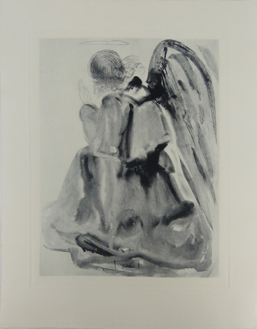 SALVADOR DALI 'THE ANGEL' WOODCUT: Salvador Dali 'The Angel' woodcut engraving on B.F.K. Rives paper. Original woodcut issued for the Divine Comedy published by Jean Estrade/les Heures Claires, Paris. Sheet measures 13" x 10 1/4".