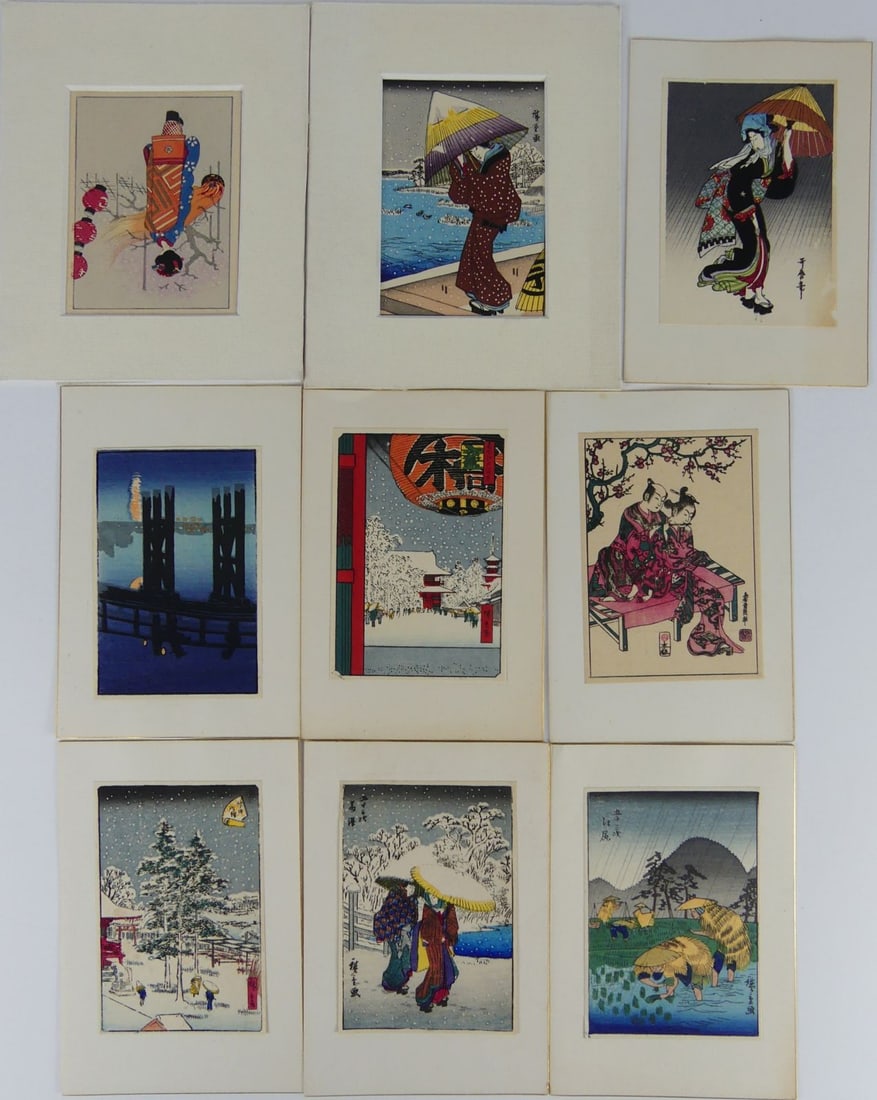 9pc JAPANESE MINIATURE WOODBLOCK PRINTS (1 of 11)