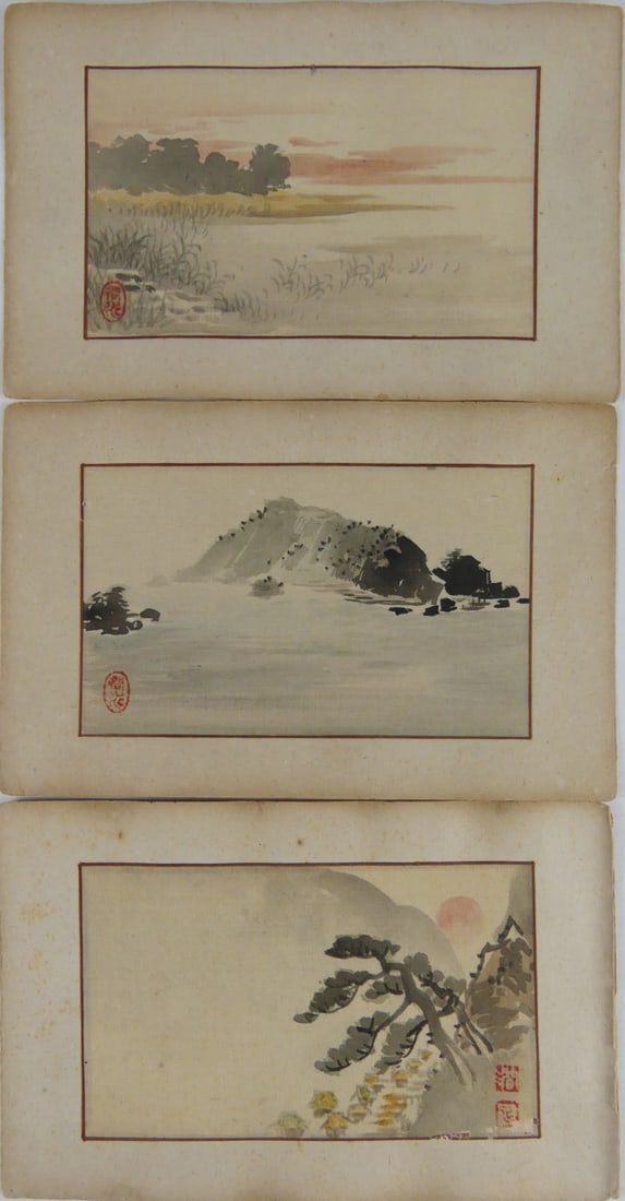3pc CHINESE MINIATURE LANDSCAPE PRINTS ON SILK (1 of 5)