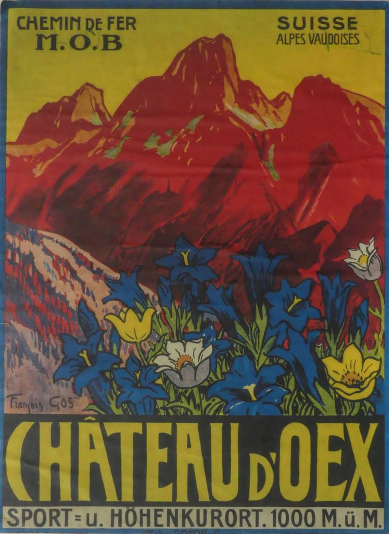 SWISS ALPS 'CHATEAU-D'OEX' TRAVEL POSTER: Swiss Alps 'Chateau-d'Oex' reprint poster. Mounted to canvas. Sheet measures 37 1/4" x 26 3/8".
