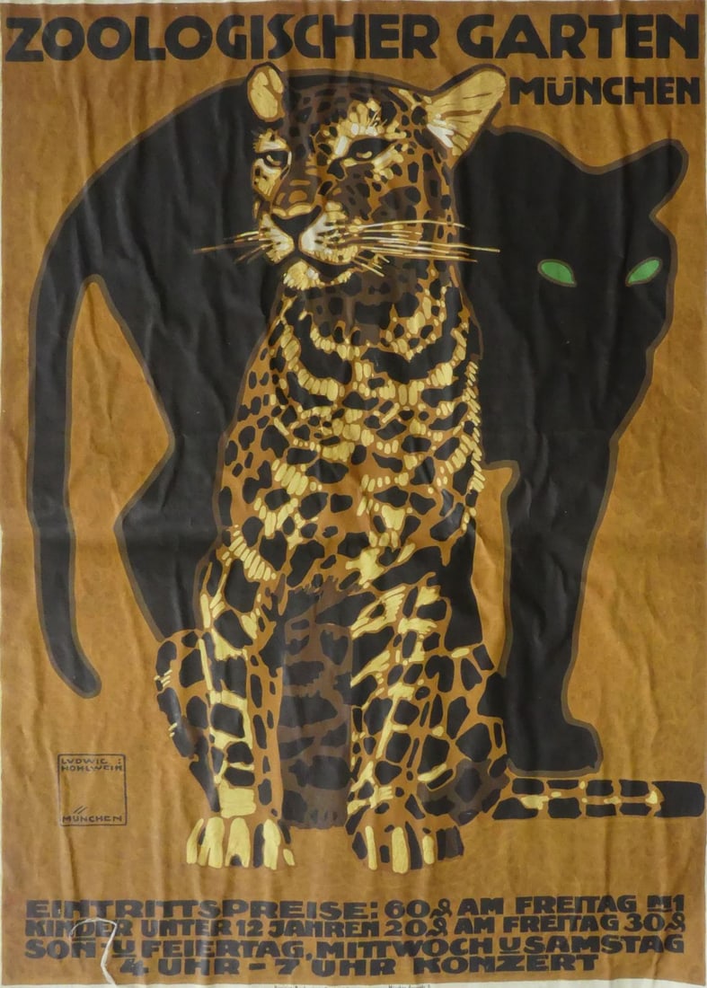 LUDWIG HOHLWEIN 'MUNICH ZOO' POSTER: Ludwig Hohlwein 'Munich Zoo' reprint poster. Mounted to canvas. Sheet measures 48" x 35".