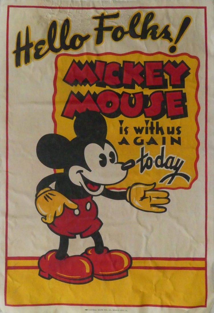 MICKEY MOUSE 'HELLO FOLKS' POSTER: Mickey Mouse 'Hello Folks' reprint poster. Mounted to canvas. Sheet measures 40 1/2" x 27 5/8".