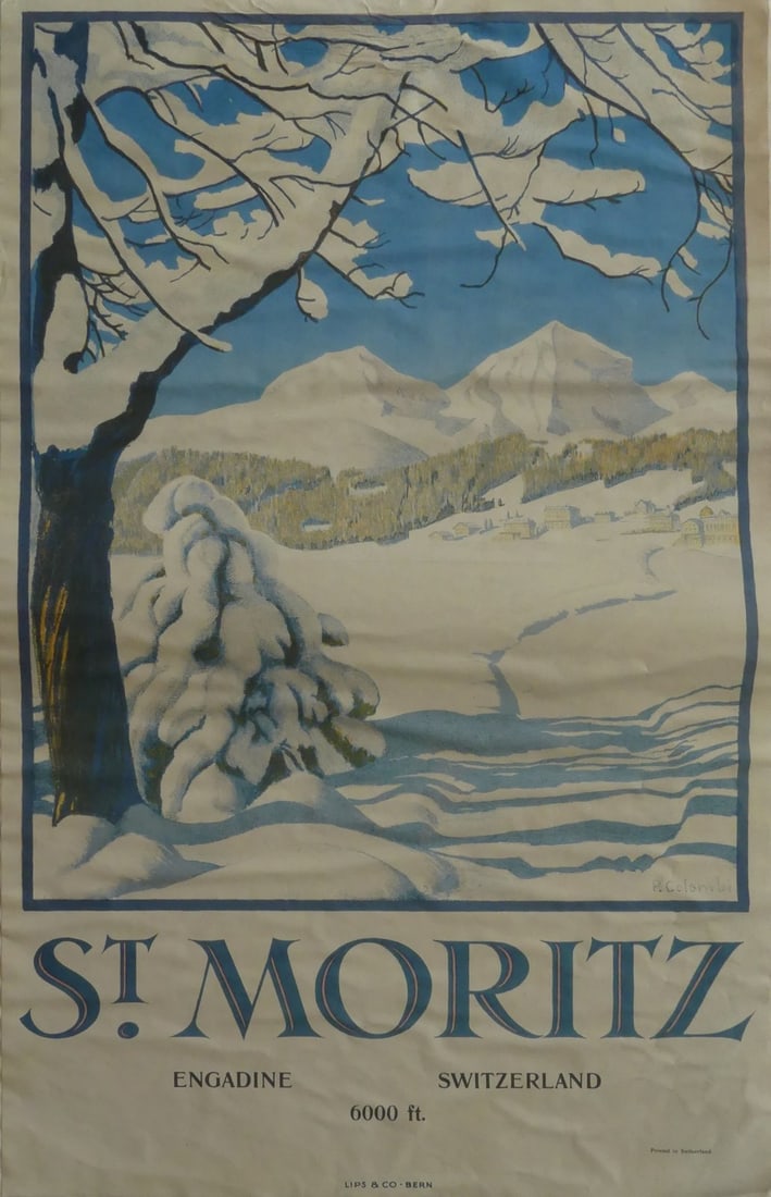 ST. MORITZ SWITZERLAND TRAVEL POSTER: St. Moritz Travel poster reprint. Mounted to canvas. Sheet measures 39 3/8" x 25 1/8".