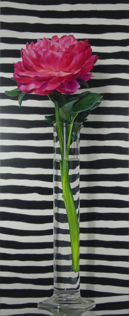 BEN SCHONZEIT 'CERISE GRADUATE TIE' ACRYLIC: Ben Schonzeit (American, b. 1942) acrylic painting on linen. Titled 'Cerise Graduate Tie (Peonie)'. Signed, dated 2003 and titled to verso. Signed and titled (again) to canvas overlap-verso. Includes
