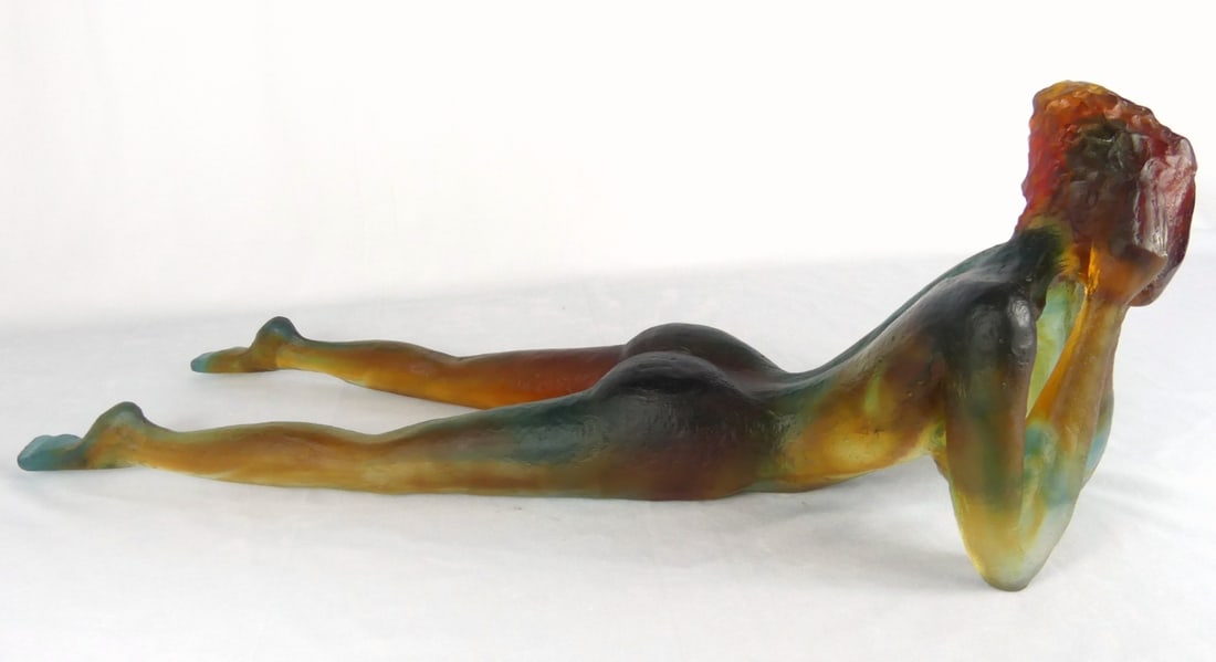 SYLVIE LASSEIGNE FOR DAUM, 'APRES L'AMOUR' GLASS: Sylvie Mangaud Lasseigne for Daum France pate-de-verre glass sculpture depicting a nude female. Marked Daum France. Holds artist's initials and numbered 148/375. Include certificate of authenticity