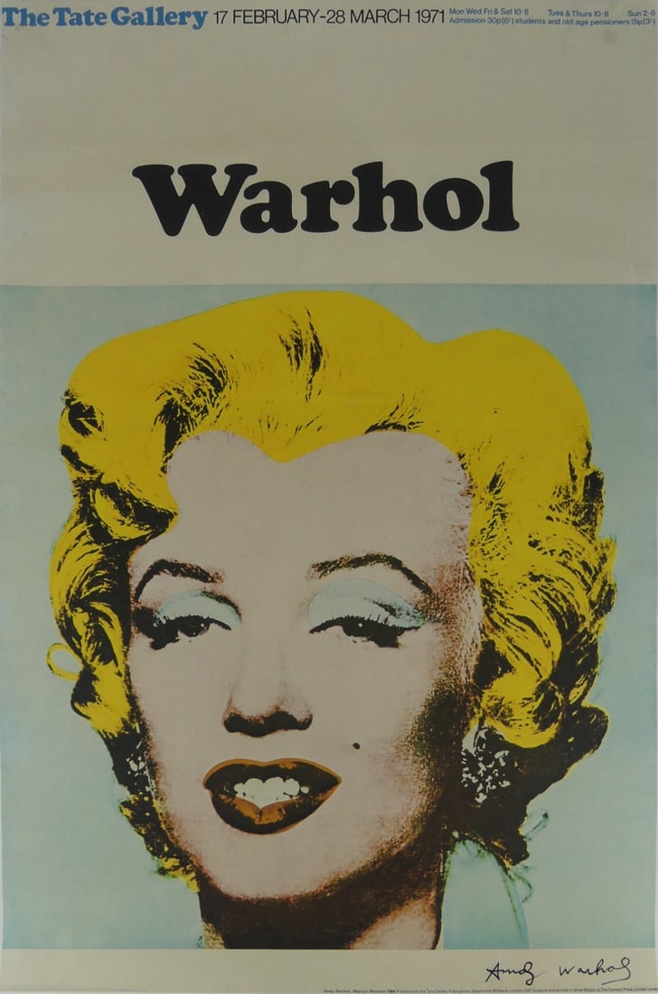 WARHOL TATE GALLERY MARILYN MONROE SIGNED POSTER: Andy Warhol poster depicting Marilyn Monroe for Tate Gallery. Marker signed lower right. Sheet measures 29 1/2" x 19 1/2".