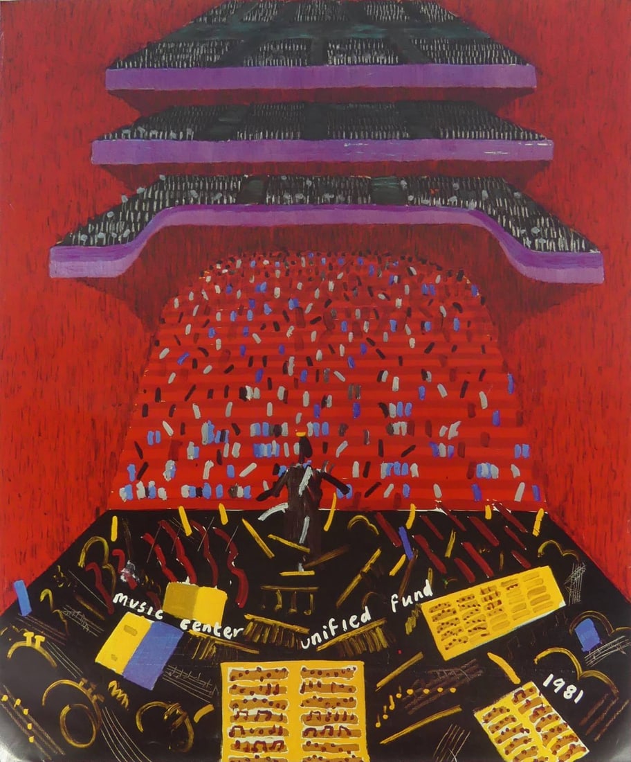 DAVID HOCKNEY 'LOS ANGELES MUSIC CENTER' SIGNED: David Hockney 'The Music Centre Unified Fund' offset lithograph depicting the interior of the Los Angeles Music Center. Hand signed in ink lower right margin. Sheet measures 25 1/4" x 21 1/2".