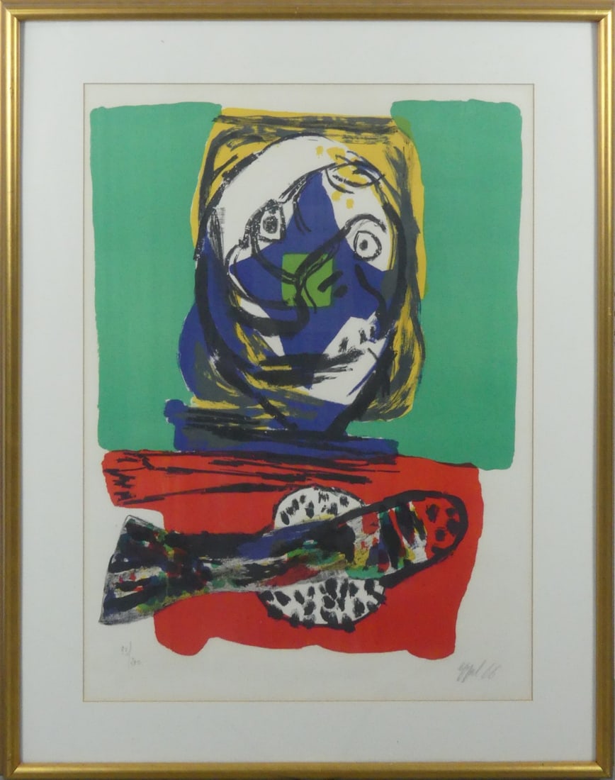 KAREL APPEL 'FISH DINNER' LITHOGRAPH: Karel Appel 'Fish Dinner' lithograph. Pencil signed and dated 1966 lower right. Numbered 93/200 lower left. Holds gallery label to verso. Viewable measures 28 1/4" x 20 1/2". Frame measures 36" x 28 1