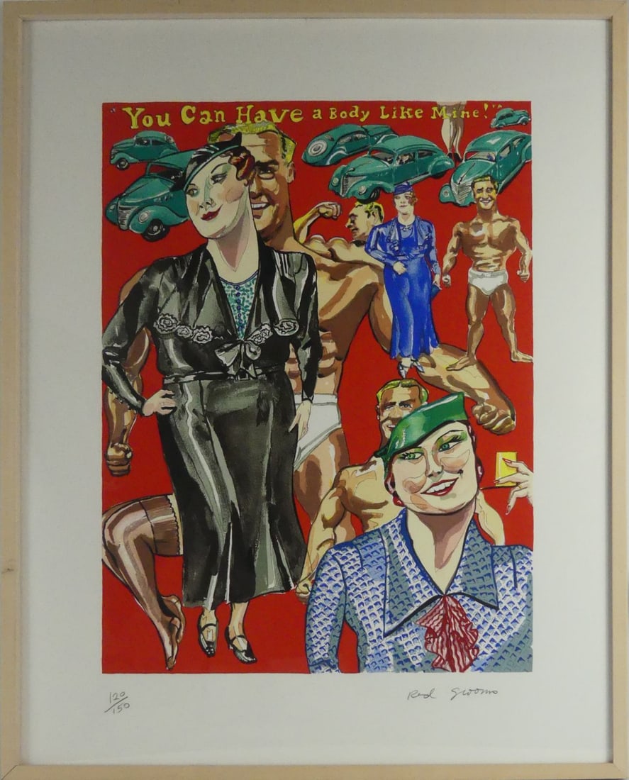 RED GROOMS 'YOU CAN HAVE A BODY LIKE MINE': Red Grooms 'You Can Have a Body Like Mine' color screenprint on wove paper. Pencil signed lower right and numbered 120/150 lower left. Holds gallery labels to verso. Viewable measures 31 1/4" x 24 3/4