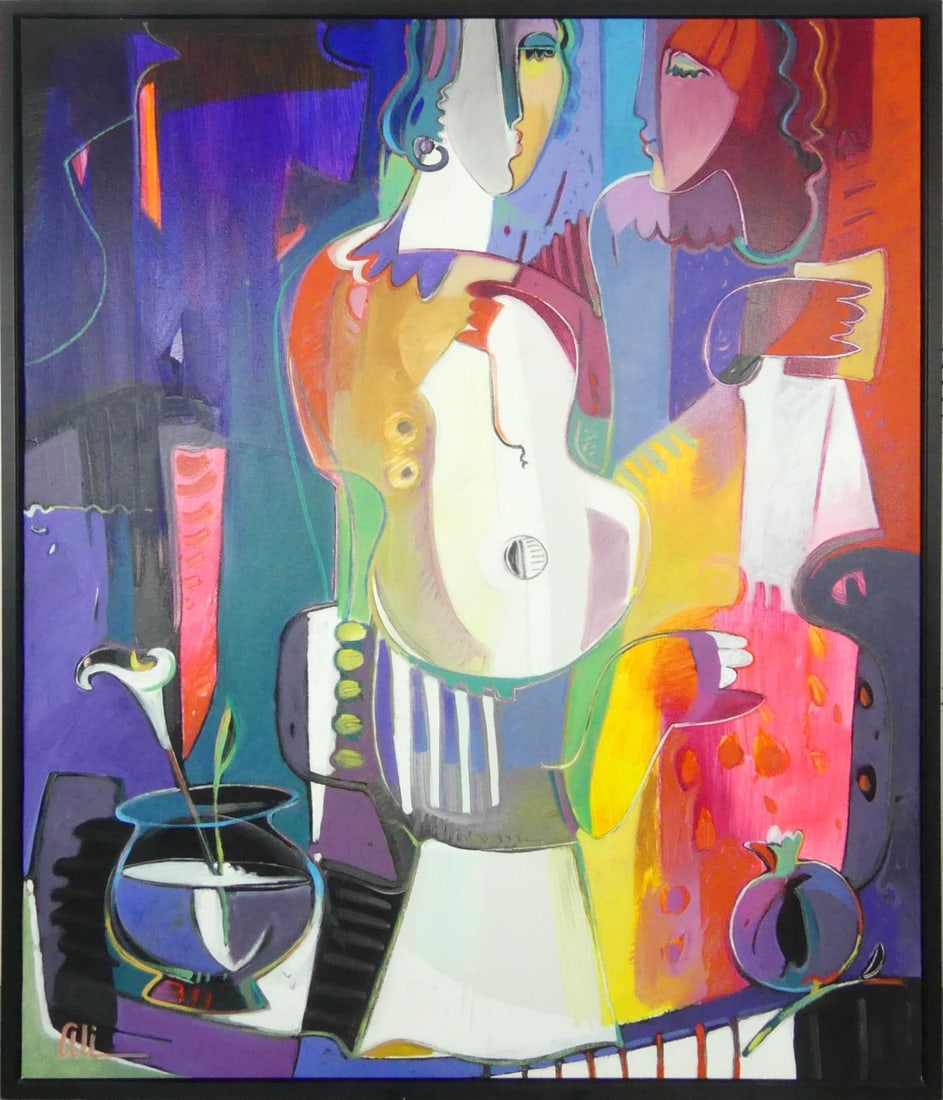 ALI GOLKAR ACRYLIC PAINTING ON CANVAS: Ali Golkar (Iranian, b. 1948) acrylic painting on canvas. Depicts an abstract interior scene with two women. Signed lower left. Viewable measures 59 1/2" x 48". Frame measures 61 1/4" x 50" x 2 1/2".