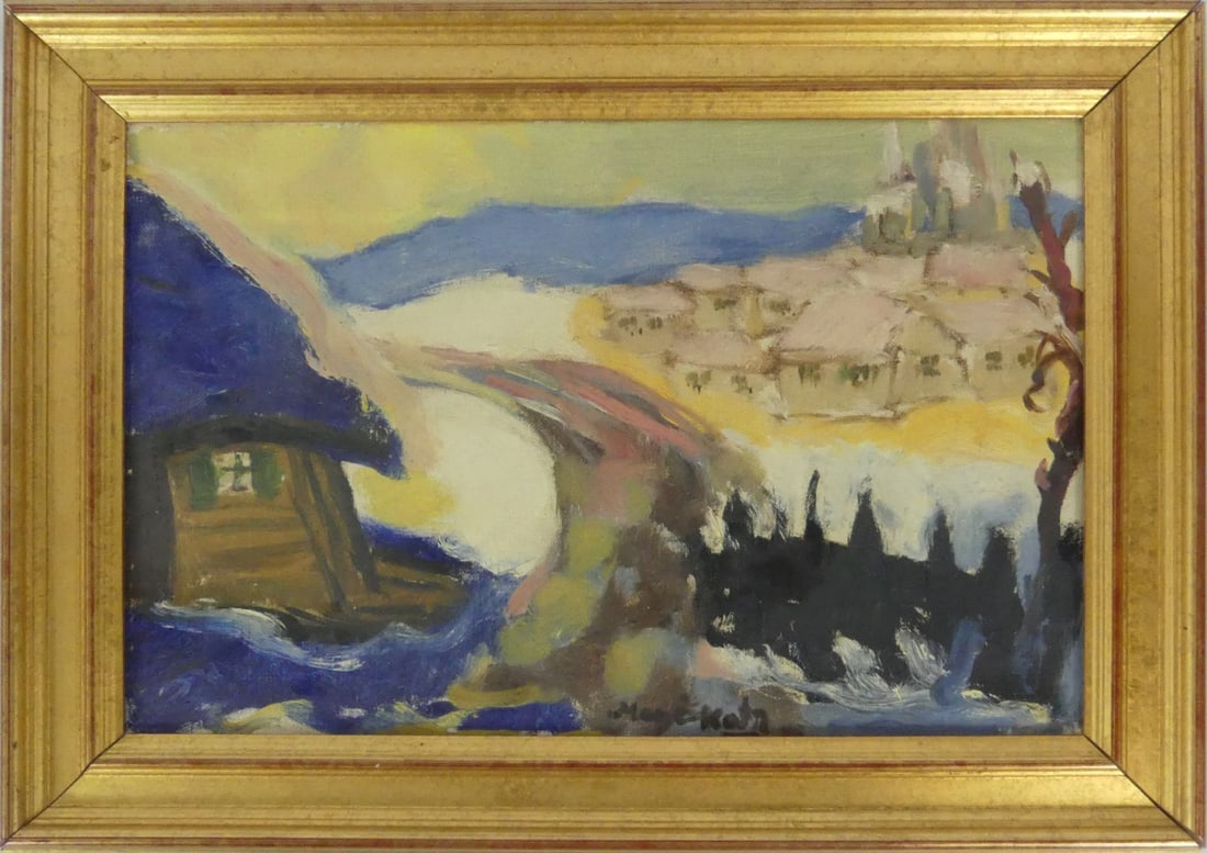 MANE KATZ 'THE PINK ROOFTOPS' OIL ON CANVAS: Oil painting on canvas depicting a landscape with houses attributed to Mane Katz (Ukrainian, 1894-1962). Signed to lower edge. Holds Galeria Arte Moderno label to verso. Viewable measures 15 3/4" x 10