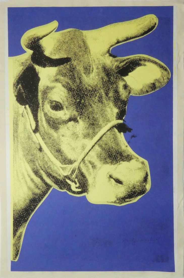 ANDY WARHOL 'COW' YELLOW ON BLUE SIGNED LITHOGRAPH: Andy Warhol 'Cow' color lithograph depicting a yellow cow on blue ground. Upper right margin marked Copyright Factory Additions 1971. Pencil signed lower right. Mounted to canvas. Sheet measures 45 1/