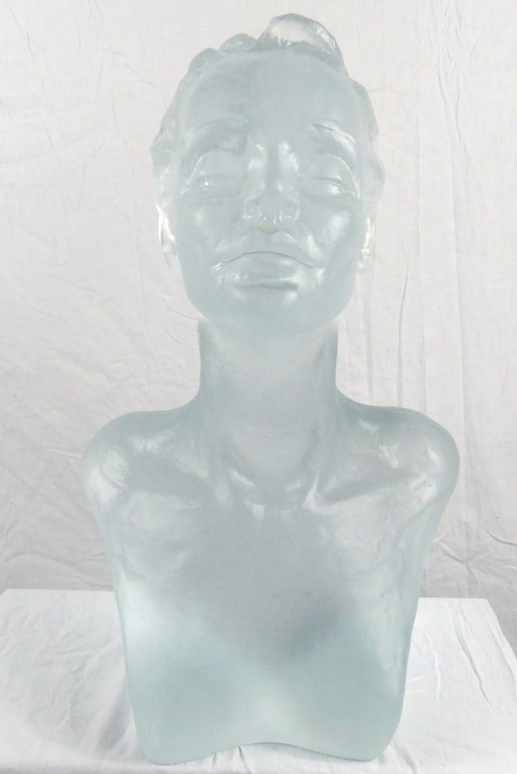 TONE ORVIK CAST GLASS BUST SCULPTURE: Tone Orvik (Canadian-Norwegian) cast glass sculpture depicting a bust of a woman . Measures 23" x 15" x 10 1/2".