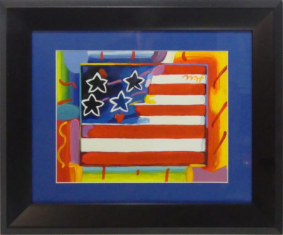 PETER MAX 'FLAG WITH HEART' MIXED MEDIA ON PAPER (1 of 7)