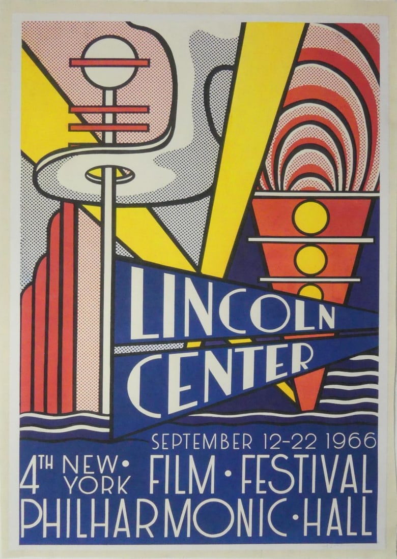 ROY LICHTENSTEIN 'LINCOLN CENTER' SIGNED POSTER: Roy Lichtenstein 'Lincoln Center' color poster. Pencil signd lower right. Mounted to canvas. Sheet measures 43 3/4" x 28 3/4".