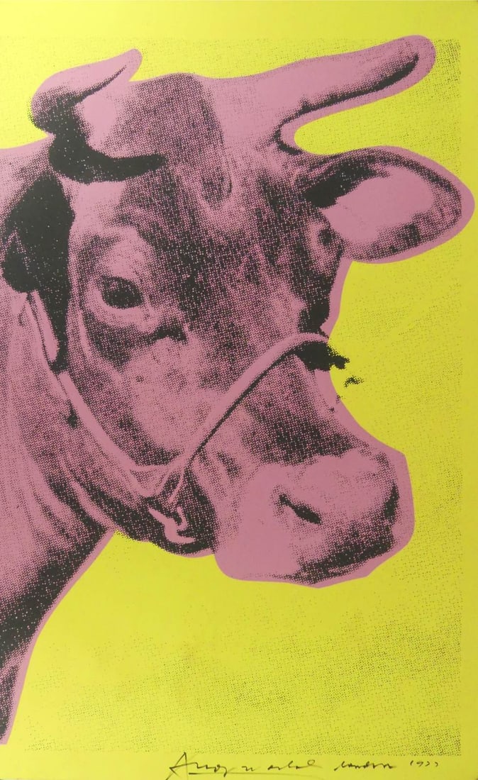 ANDY WARHOL 'COW' PINK ON YELLOW SIGNED LITHOGRAPH: Andy Warhol 'Cow' color lithograph depicting a pink cow on yellow ground. Signed and dated in black marker lower right. Sheet measures 45 1/2" x 29 1/2".