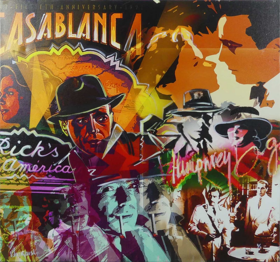 VICTOR OSTROVSKY 'CASABLANCA' ACRYLIC ON CANVAS: Victor Ostrovsky (Canadian, b. 1949) acrylic painting on canvas depicting scenes from Casablanca with Humphrey Bogart. Signed lower left. Measures 32" x 32" x 1".