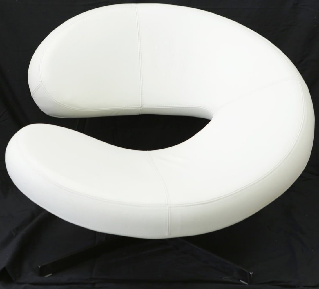 ROCHE BOBOIS LEATHER SWIVEL CHAIR: Roche Bobois swivel chair. White leather with chrome base. Holds Roche Bobois tag. Measures 38" depth x 38" width x 27 1/2" height.