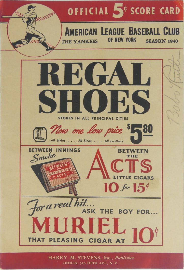 BABE RUTH AUTOGRAPHED OFFICIAL SCORE CARD 1940: American League Baseball Club, The Yankees of New York, Season 1940 Official 5c Score Card. Pencil signed by Babe Ruth to cover. Measures 9 7/8" x 6 5/8".