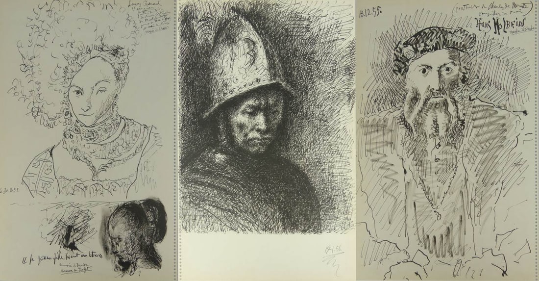 3pc PICASSO SKETCHBOOK LITHOGRAPHS: Three Pablo Picasso sketchbook portrait sketch lithographs. Each dated 1955-56. Each measures 16 1/2" x 10 5/8".