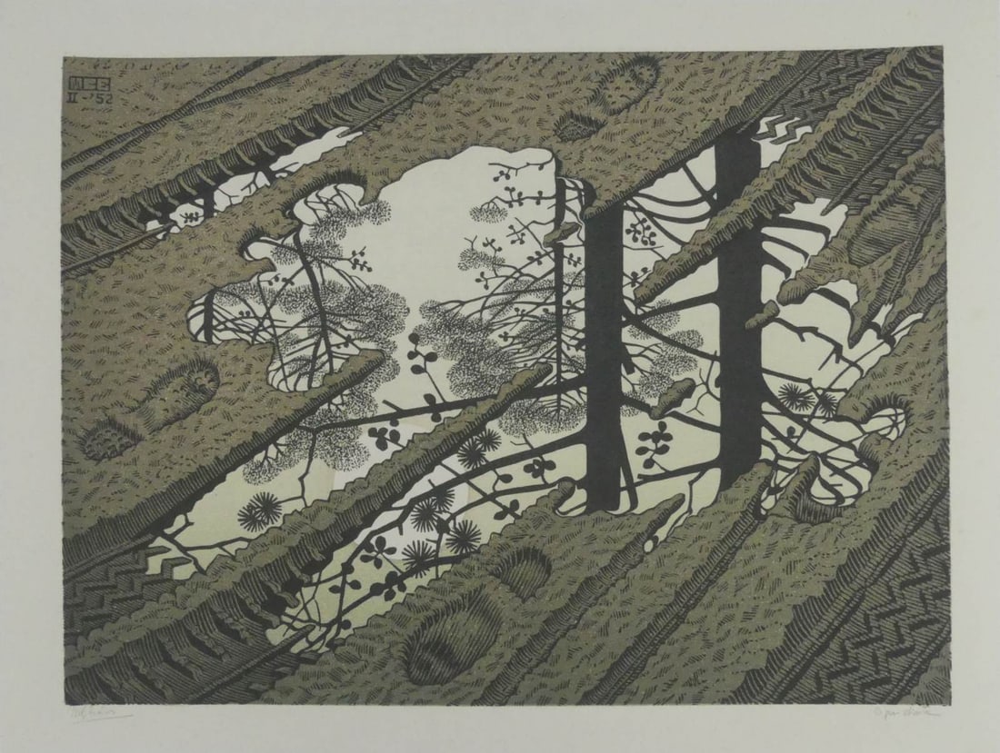 M.C. ESCHER 'PUDDLE' OFFSET LITHOGRAPH: Maurits Cornelis Escher 'Puddle' offset lithograph after the original plate. Signed in the plate lower left. Sheet measures 14 1/2" x 11 1/8".