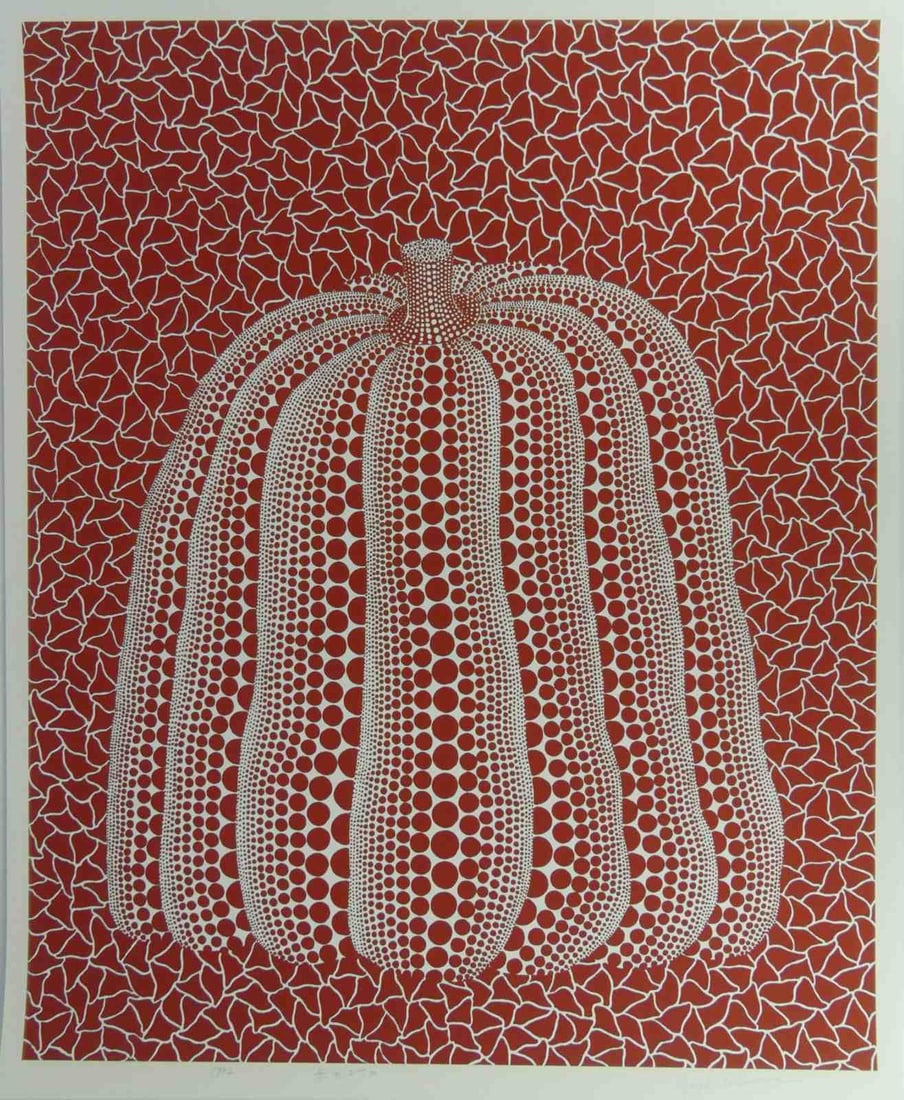 YAYOI KUSAMA 'RED PUMPKIN': After Yayoi Kusama 'Red Pumpkin' print in colors on wove paper. Signed in the plate lower right. Dated and titled in the plate lower left. Sheet measures 33" x 27 3/4".